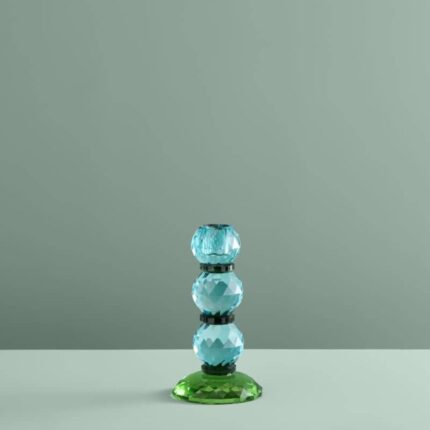 CANDLE HOLDER FANCY CRYSTAL TURQUOISE ROUND GLASS