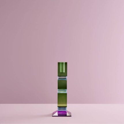 CANDLE HOLDER FANCY CRYSTAL GREEN SQUARE GLASS