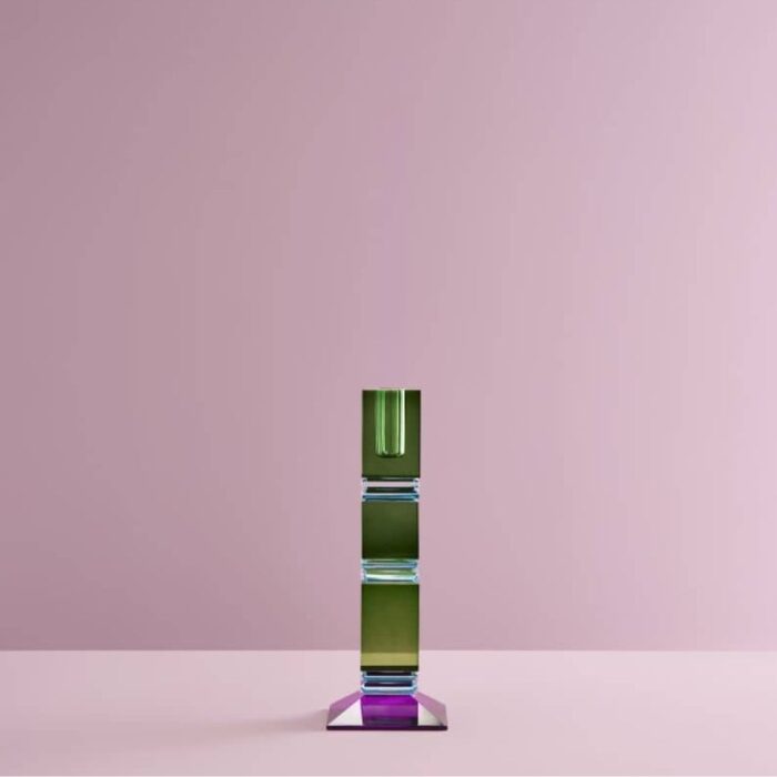 CANDLE HOLDER FANCY CRYSTAL GREEN SQUARE GLASS