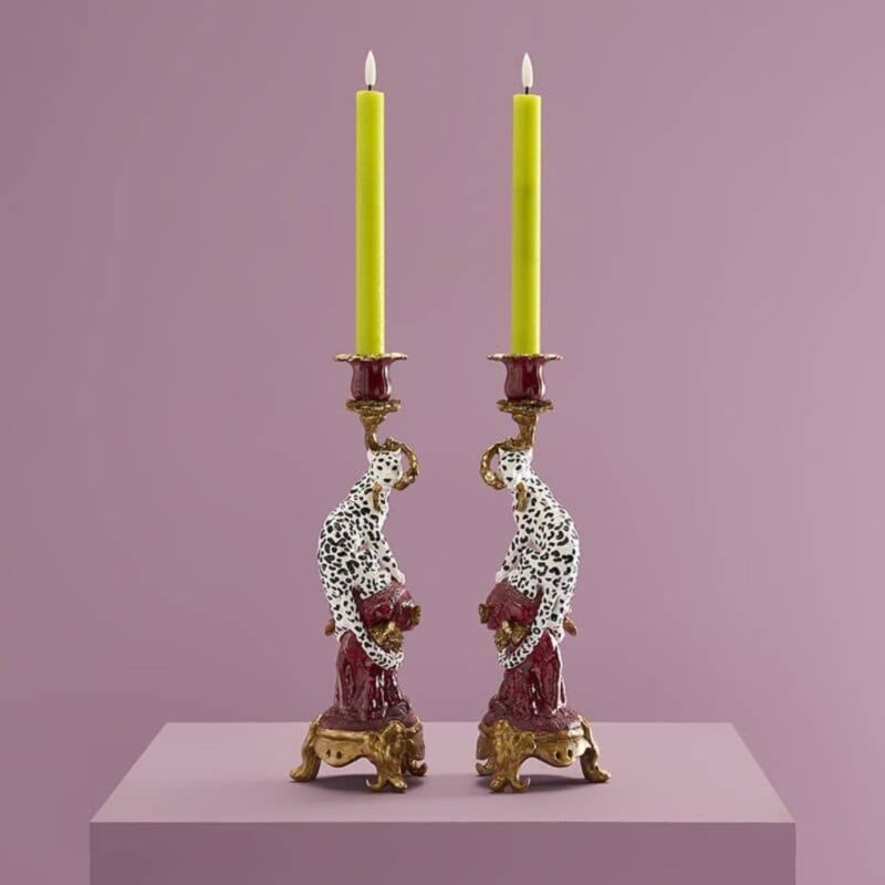 SET OF 2 CANDLEHOLDERS LEOPARD HAND-PAINTED