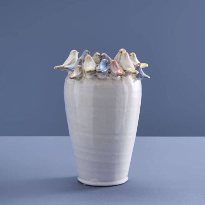 VASE WITH BIRDS L WHITE