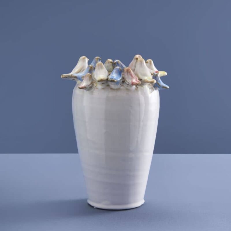 VASE WITH BIRDS L WHITE