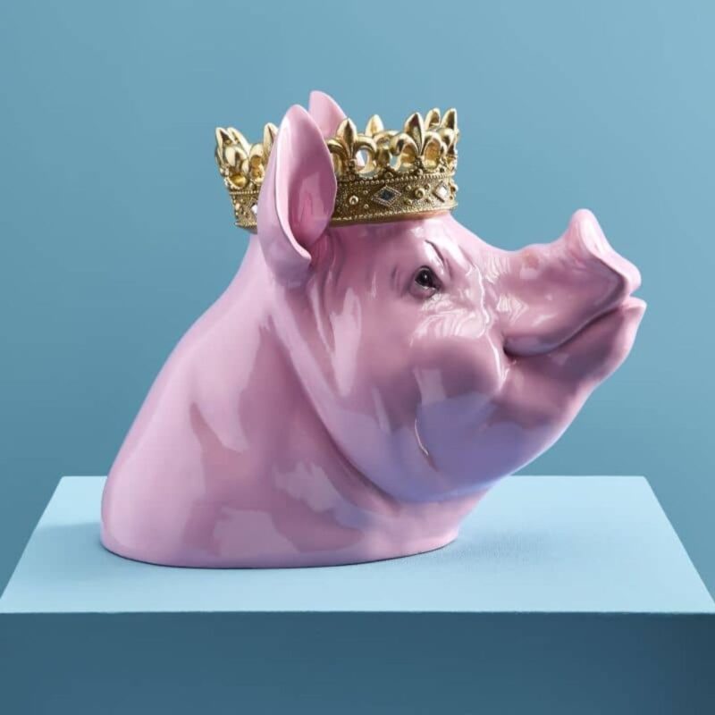 PIGGY BANK PIG PORKY WITH CROWN PINK