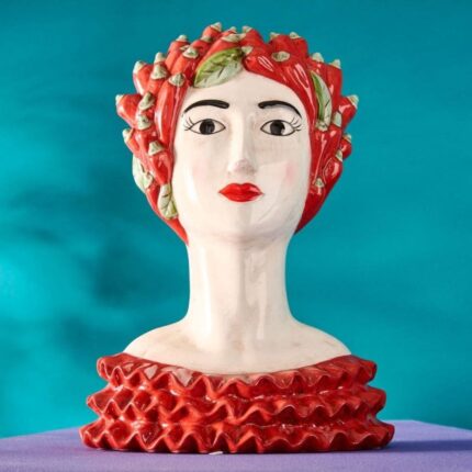 SICILIAN FEMALE BUST DECORATIVE VASE CHILI LADY RED-GREEN HAND-PAINTED
