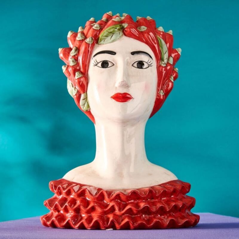 SICILIAN FEMALE BUST DECORATIVE VASE CHILI LADY RED-GREEN HAND-PAINTED