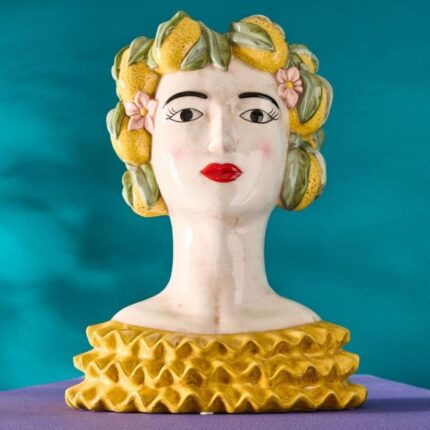 SICILIAN FEMALE BUST DECORATIVE VASE LADY LEMON YELLOW-GREEN HAND-PAINTED