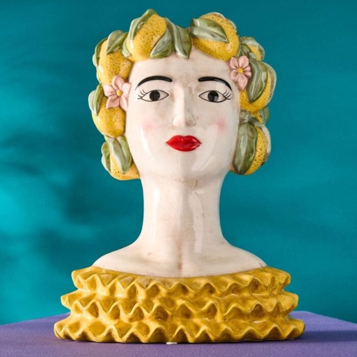 SICILIAN FEMALE BUST DECORATIVE VASE LADY LEMON YELLOW-GREEN HAND-PAINTED