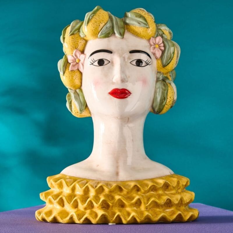 SICILIAN FEMALE BUST DECORATIVE VASE LADY LEMON YELLOW-GREEN HAND-PAINTED