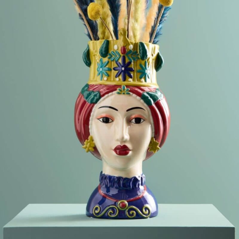 SICILIAN FEMALE BUST DECORATIVE VASE LETIZIA RED-YELLOW HAND-PAINTED