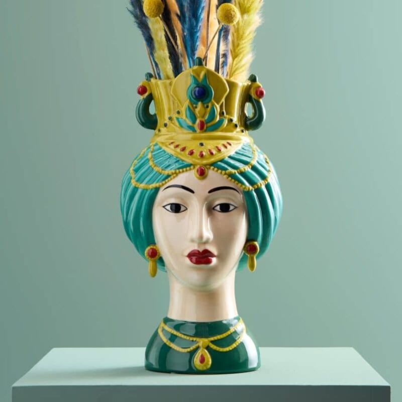 SICILIAN FEMALE BUST DECORATIVE VASE ESTEFANIA GREEN-YELLOW HAND-PAINTED