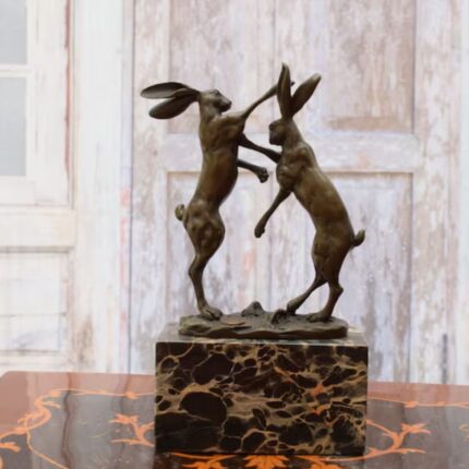 TWO BOXING HARES BRONZE SCULPTURE