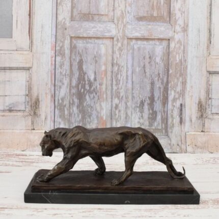 HEAVY PANTHER BRONZE SCULPTURE ON MARBLE BASE
