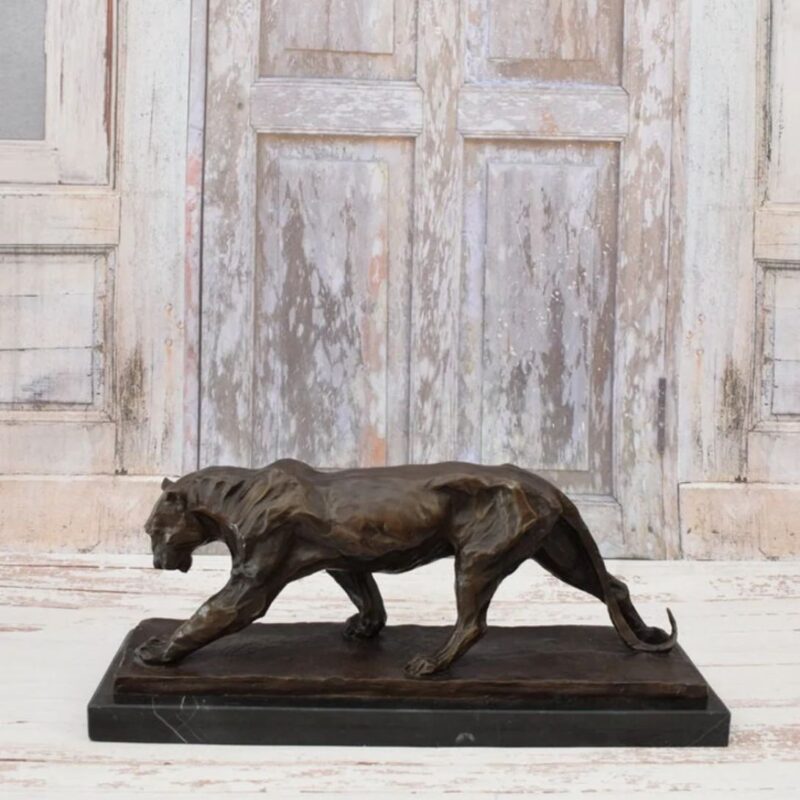 HEAVY PANTHER BRONZE SCULPTURE ON MARBLE BASE