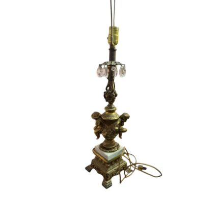 VINTAGE CHERUB PUTTI GOLD BRASS AND CRYSTAL WHITE MARBLE LAMP