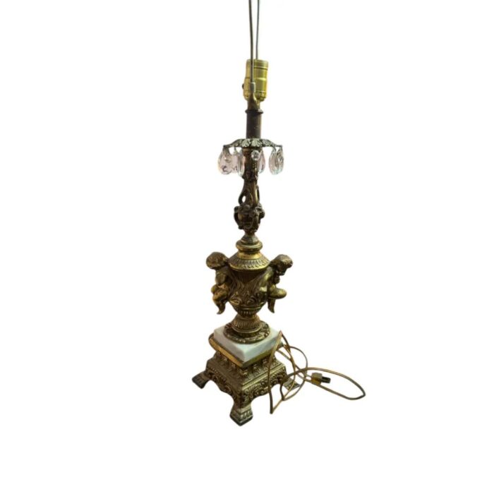 VINTAGE CHERUB PUTTI GOLD BRASS AND CRYSTAL WHITE MARBLE LAMP