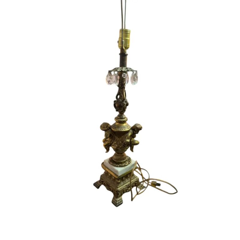 VINTAGE CHERUB PUTTI GOLD BRASS AND CRYSTAL WHITE MARBLE LAMP