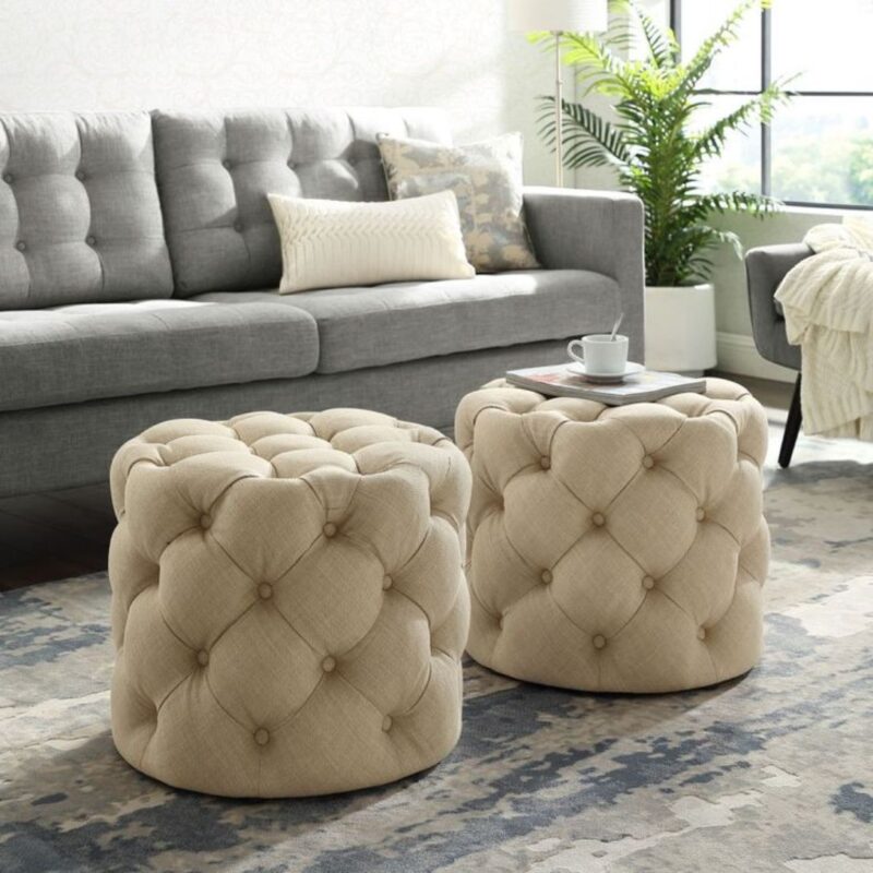 TUFTED ROUND LEATHER OTTOMAN SET OF TWO