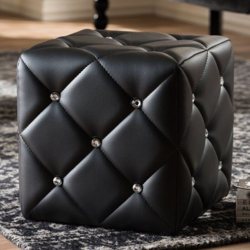 CRYSTAL BUTTON TUFTED LEATHER OTTOMAN