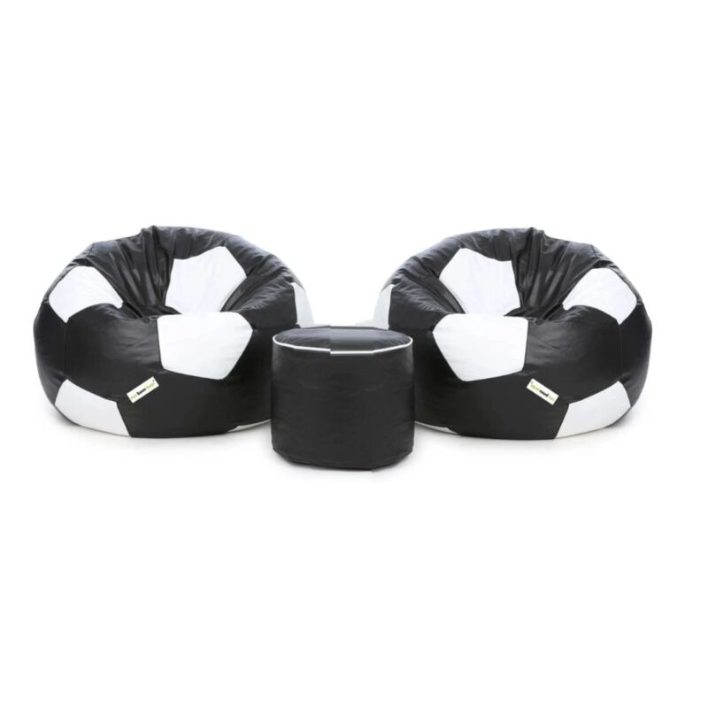 SET OF TWO FOOTBALL BEAN BAGS AND STOOL