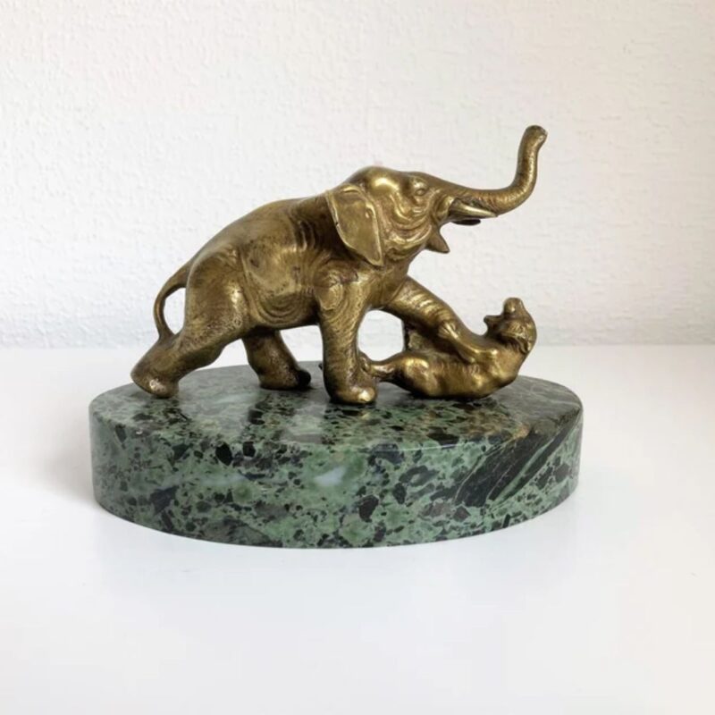 ART DECO STATUE OF ELEPHANT AND TIGER IN BRONZE AND MARBLE PRESSE PAPIER