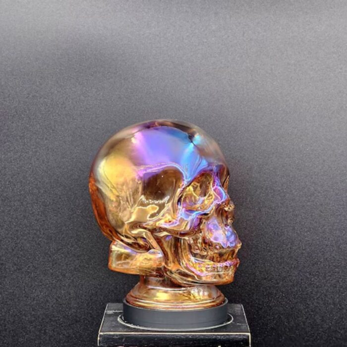IRIDESCENT AMBER GLASS SKULL LIGHT COVER WITH CUSTOM 3D PRINTED BASE
