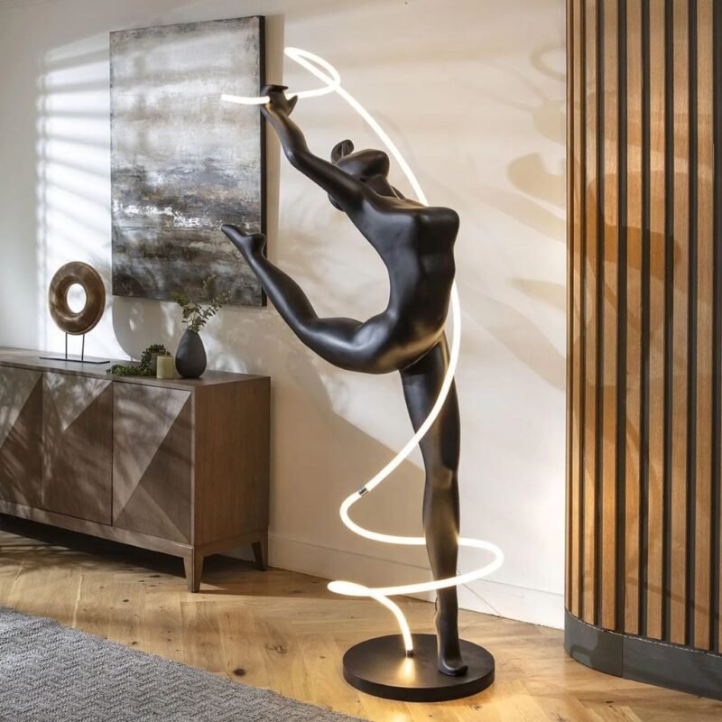 ABSTRACT FIGURE HOLDING LIGHT ORBS SCULPTURAL FLOOR LAMP