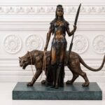 WARRIOR AMAZON GODDESS WITH TIGER BRONZE STATUE