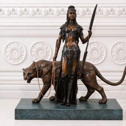 WARRIOR AMAZON GODDESS WITH TIGER BRONZE STATUE