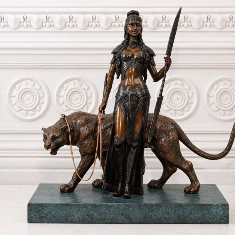 WARRIOR AMAZON GODDESS WITH TIGER BRONZE STATUE