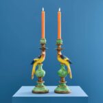 SET OF 2 PARROT CANDLE HOLDERS GREEN-BLUE-YELLOW