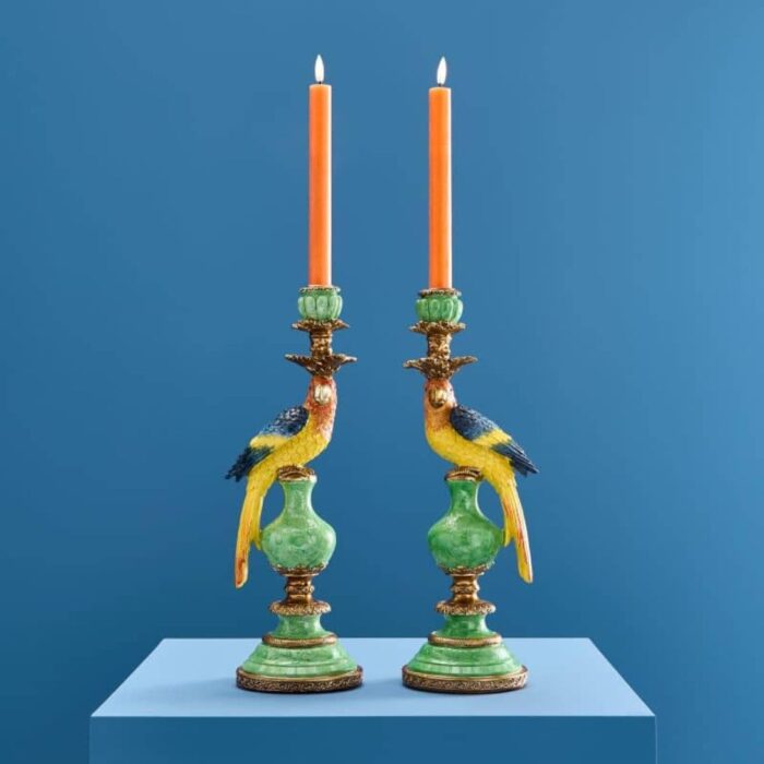 SET OF 2 PARROT CANDLE HOLDERS GREEN-BLUE-YELLOW