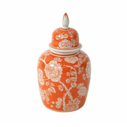 LIDDED VASE JARDIN WITH FLORAL MOTIF ORANGE-WHITE HAND-PAINTED
