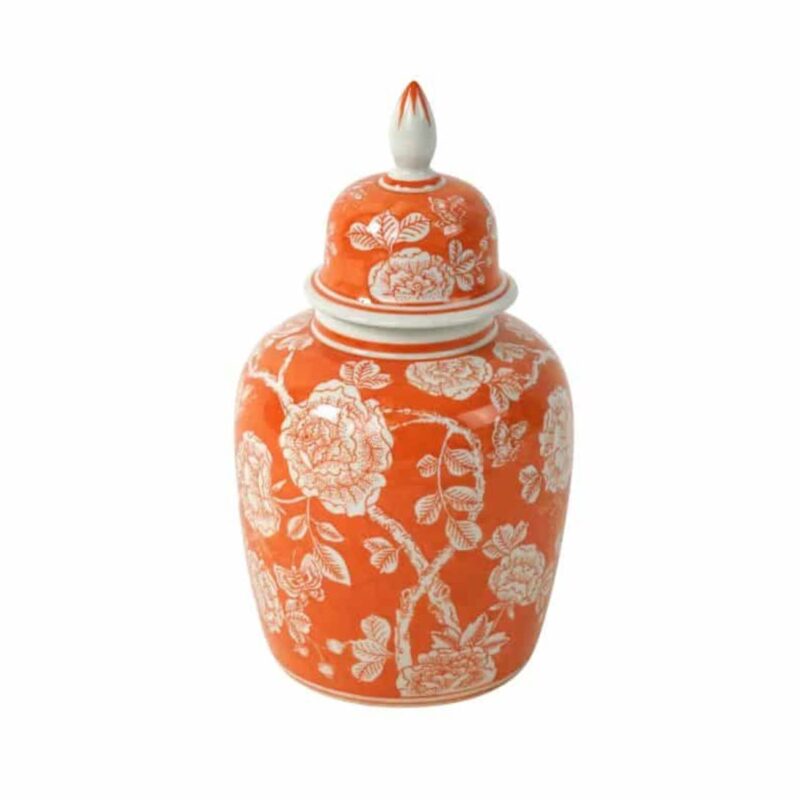 LIDDED VASE JARDIN WITH FLORAL MOTIF ORANGE-WHITE HAND-PAINTED