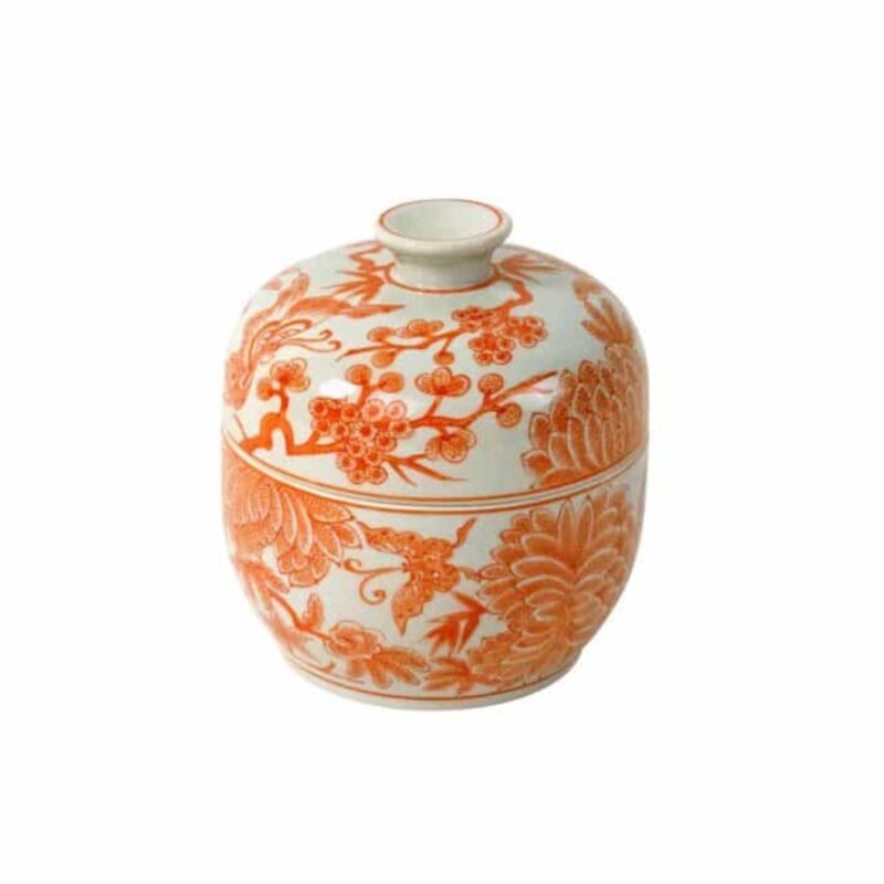 LIDDED VASE JARDIN WITH FLOWER MOTIF WHITE-ORANGE HAND-PAINTED