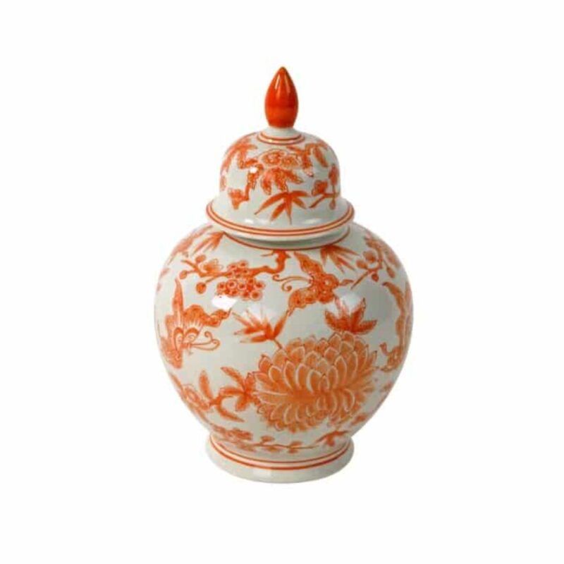 LIDDED VASE JARDIN WITH FLOWER MOTIF WHITE-ORANGE HAND-PAINTED