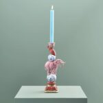 CANDLE HOLDER PARROT ON ELEPHANT PINK-BLUE-WHITE