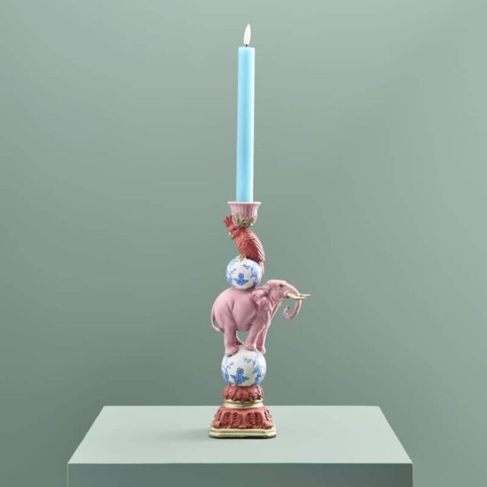 CANDLE HOLDER PARROT ON ELEPHANT PINK-BLUE-WHITE