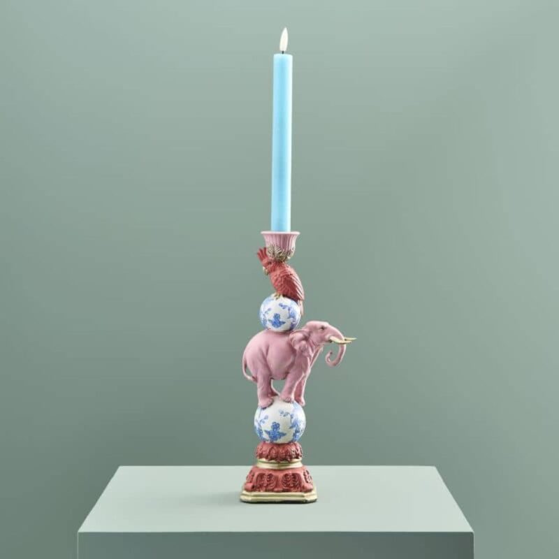 CANDLE HOLDER PARROT ON ELEPHANT PINK-BLUE-WHITE