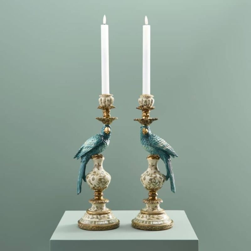 SET OF 2 PARROT CANDLE HOLDERS TURQUOISE-WHITE