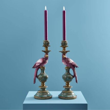 SET OF 2 PARROT CANDLE HOLDERS PINK-GREEN
