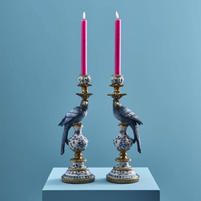 SET OF 2 CANDLE HOLDERS PARROT BLUE-WHITE-GOLD