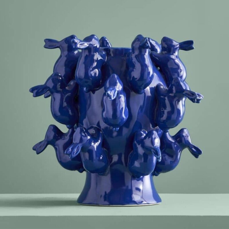 VASE WITH RABBITS BLUE