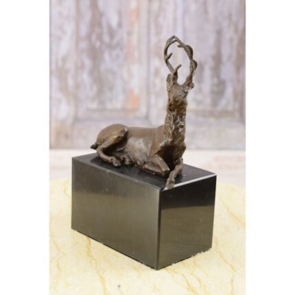 LYING DEER BRONZE STATUE ON MARBLE BASE