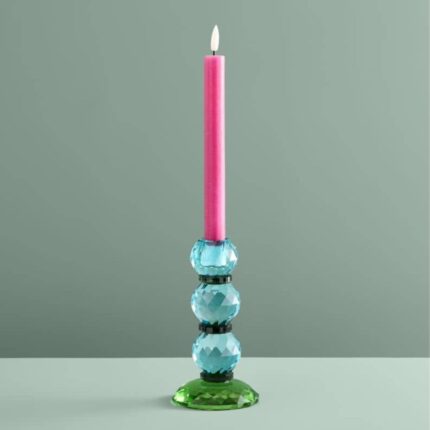 CANDLE HOLDER FANCY CRYSTAL TURQUOISE ROUND GLASS
