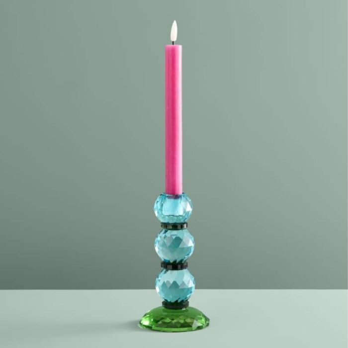 CANDLE HOLDER FANCY CRYSTAL TURQUOISE ROUND GLASS