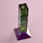 CANDLE HOLDER FANCY CRYSTAL GREEN SQUARE GLASS