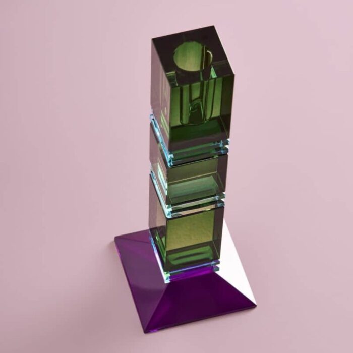 CANDLE HOLDER FANCY CRYSTAL GREEN SQUARE GLASS