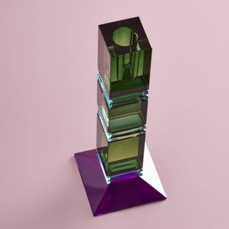 CANDLE HOLDER FANCY CRYSTAL GREEN SQUARE GLASS