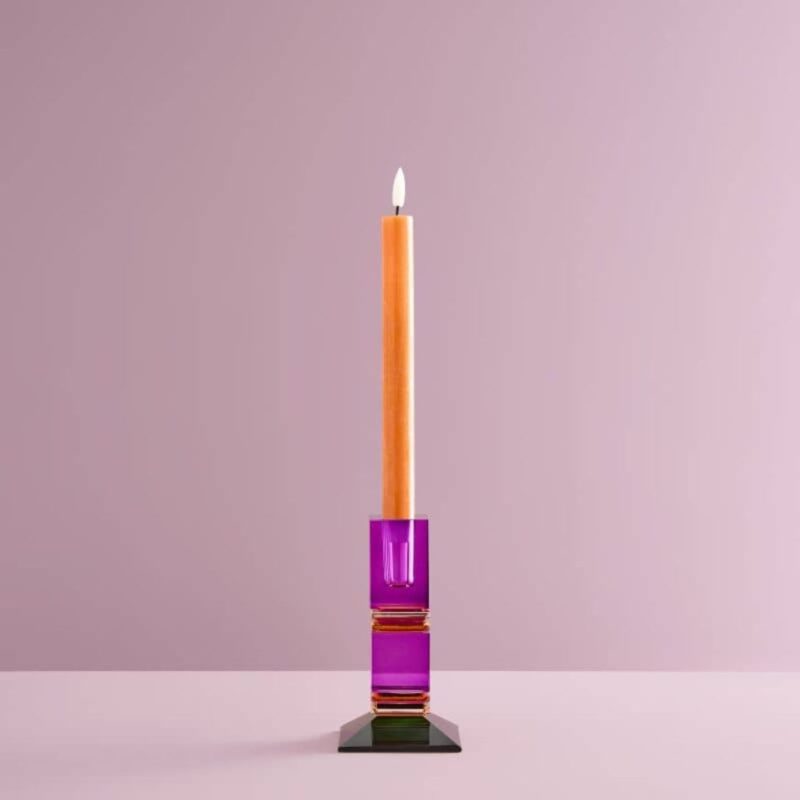 CANDLE HOLDER FANCY CRYSTAL MAGENTA SQUARE GLASS