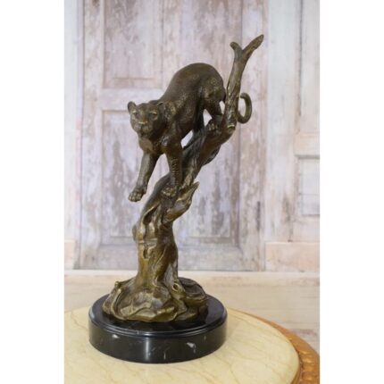 PANTHER ON BRANCH BRONZE SCULPTURE ON MARBLE BASE